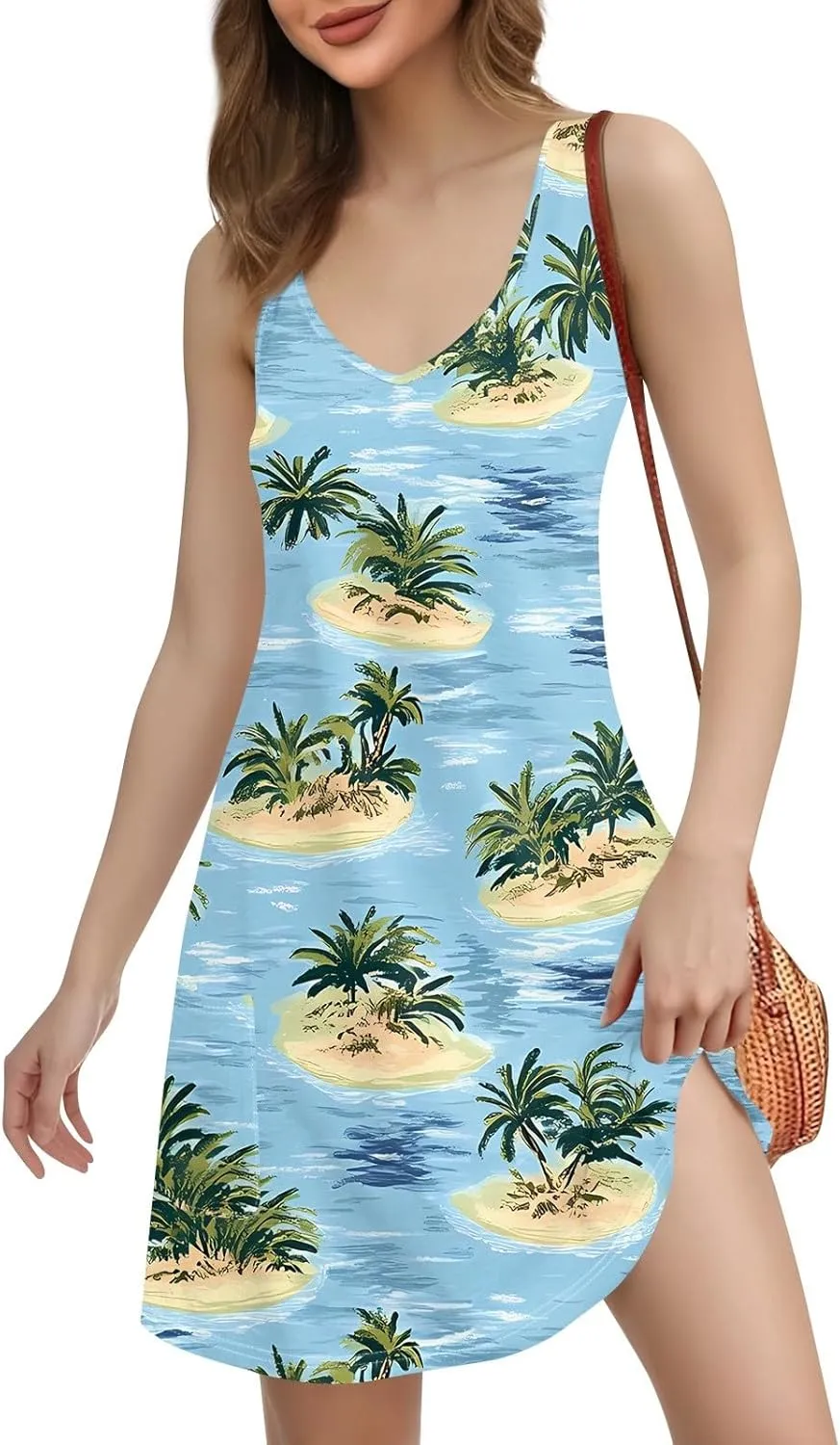 Women's Boho Floral Hawaiian Dresses with Pockets, V-Neck Sleeveless Mini Tank Sundress Summer Beach Cover Ups