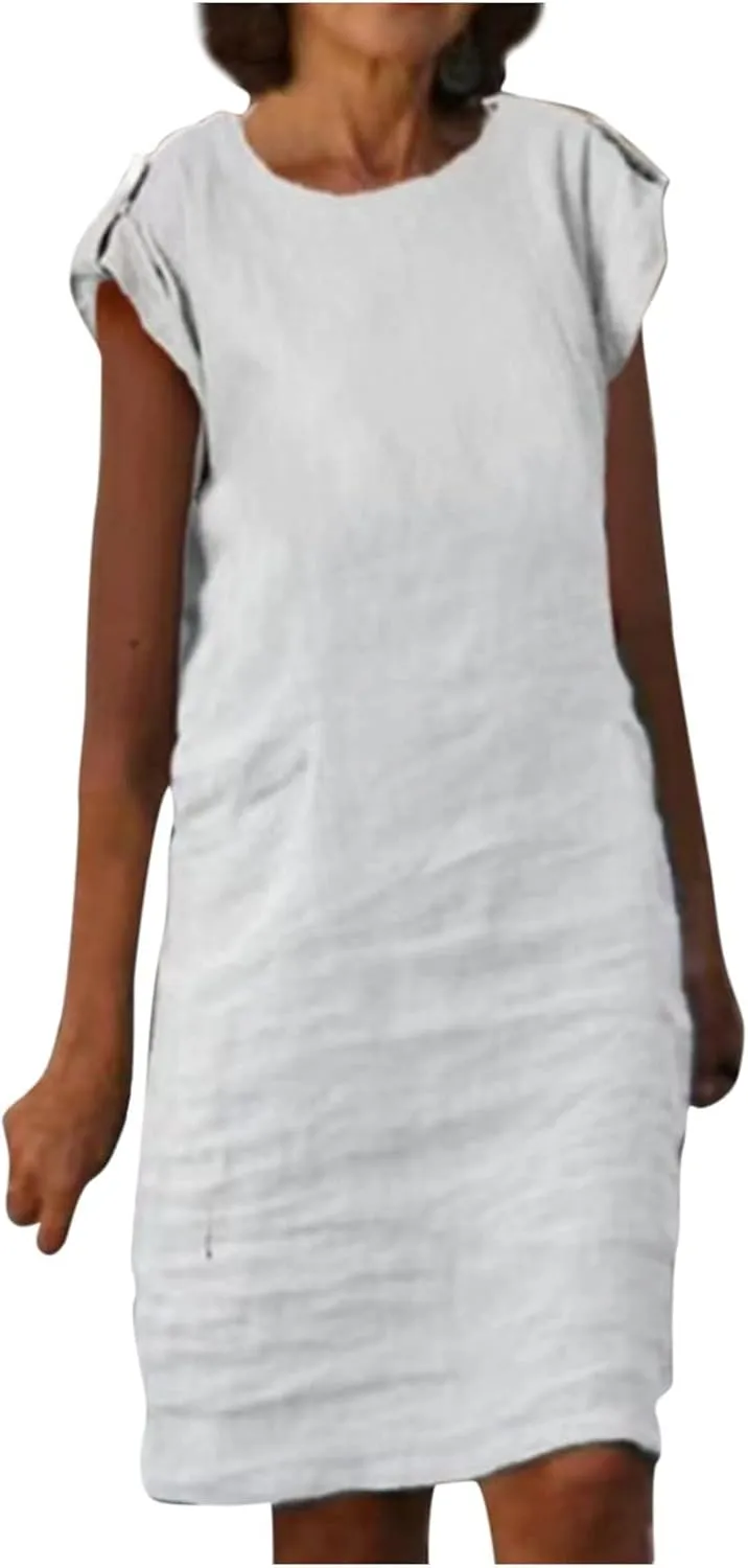 Womens Casual Crew Neck Sleeveless Sleeve Cotton Linen T Shirt Mini Dress Work Elegant Vacation Travel Beach Dresses