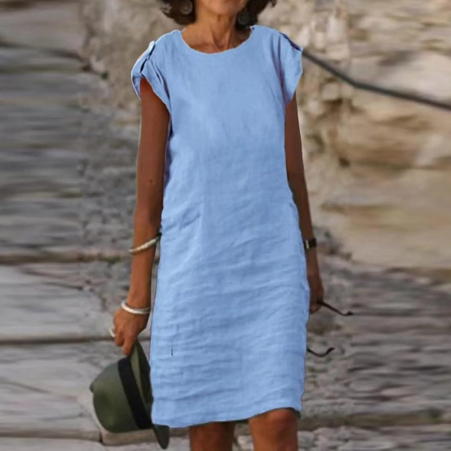 Womens Casual Crew Neck Sleeveless Sleeve Cotton Linen T Shirt Mini Dress Work Elegant Vacation Travel Beach Dresses