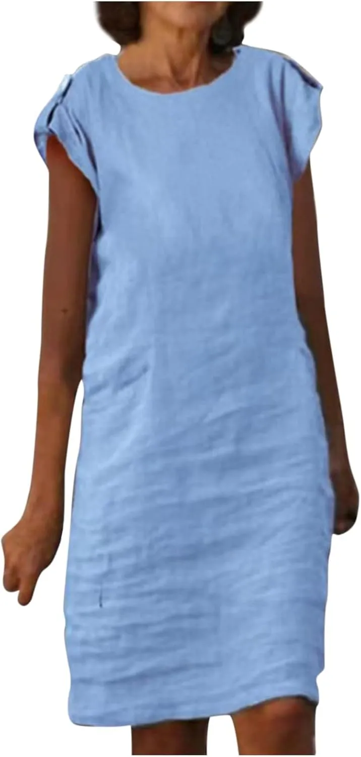 Womens Casual Crew Neck Sleeveless Sleeve Cotton Linen T Shirt Mini Dress Work Elegant Vacation Travel Beach Dresses