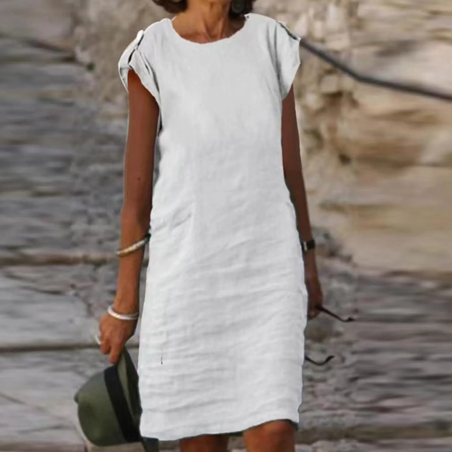 Womens Casual Crew Neck Sleeveless Sleeve Cotton Linen T Shirt Mini Dress Work Elegant Vacation Travel Beach Dresses