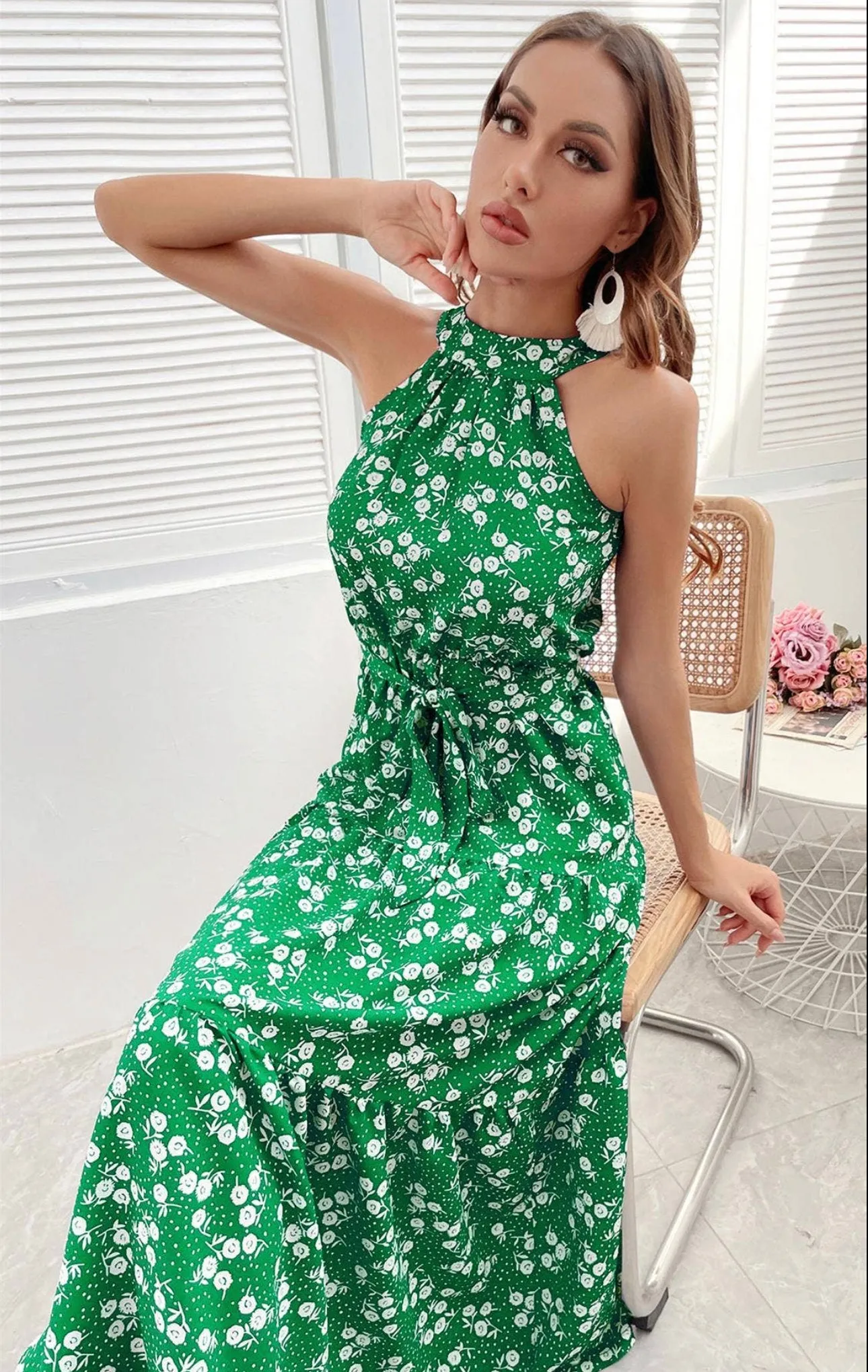 Women's FS Collection Halter Neck Maxi Layer Dress in Green & Flora with Leaf Dot Print
