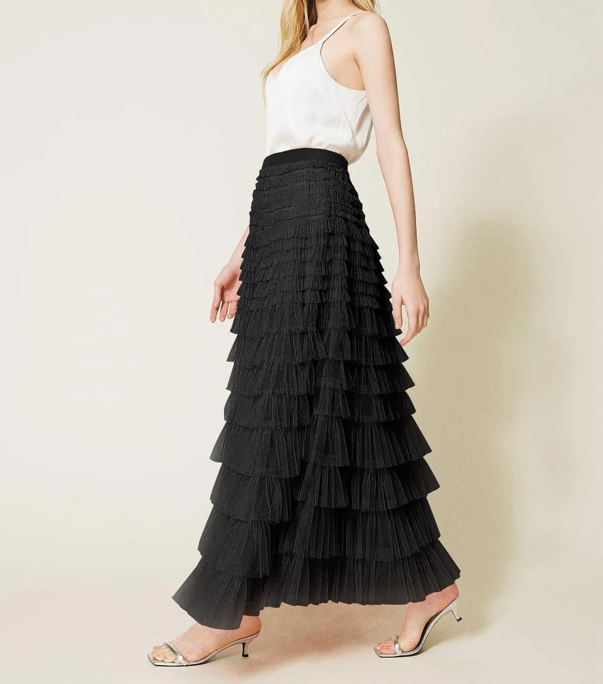 Women's Layered Tule Skirt Tiered Tulle Dress A-Line Ruffle Mesh High Waist Tiered Skirt Princess Party Maxi Skirt