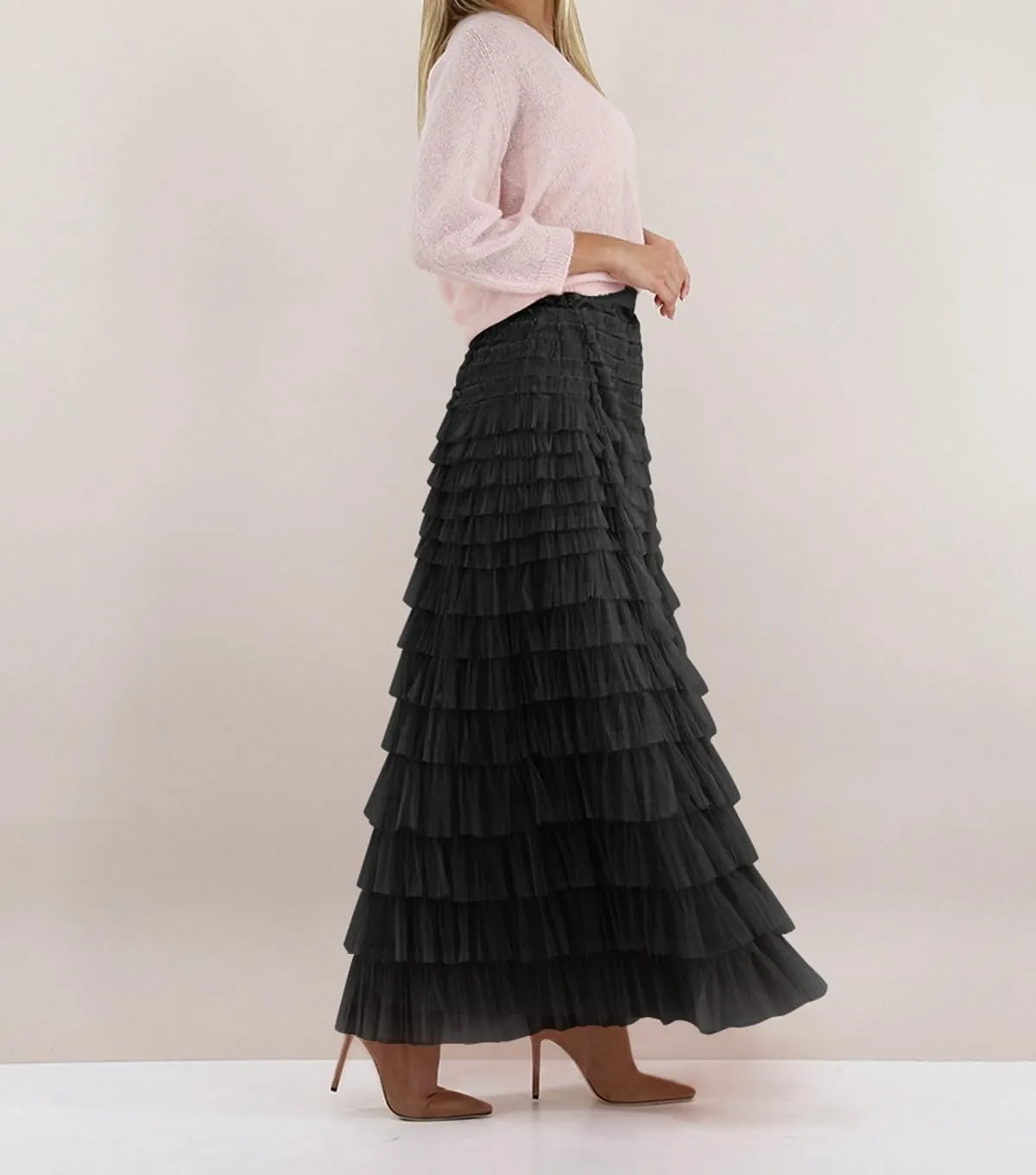 Women's Layered Tule Skirt Tiered Tulle Dress A-Line Ruffle Mesh High Waist Tiered Skirt Princess Party Maxi Skirt
