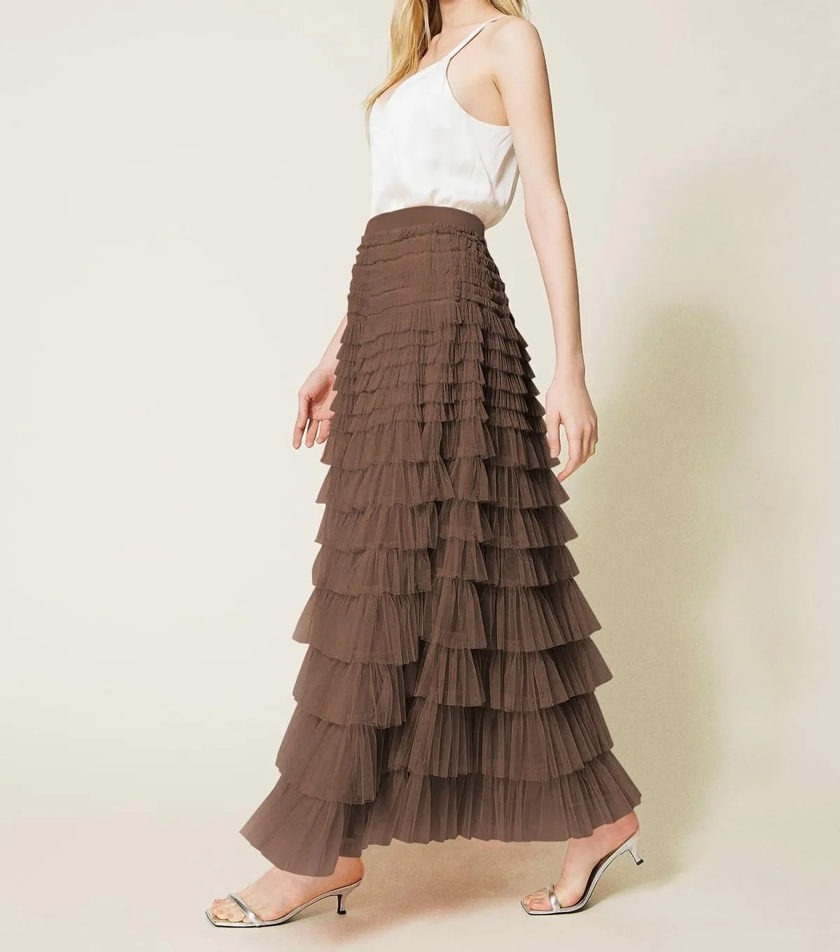 Women's Layered Tule Skirt Tiered Tulle Dress A-Line Ruffle Mesh High Waist Tiered Skirt Princess Party Maxi Skirt