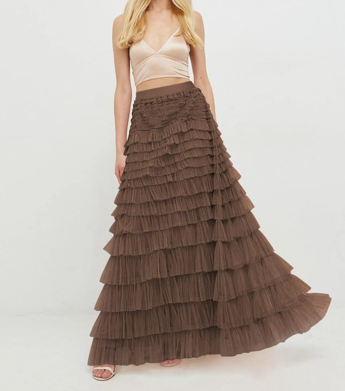 Women's Layered Tule Skirt Tiered Tulle Dress A-Line Ruffle Mesh High Waist Tiered Skirt Princess Party Maxi Skirt