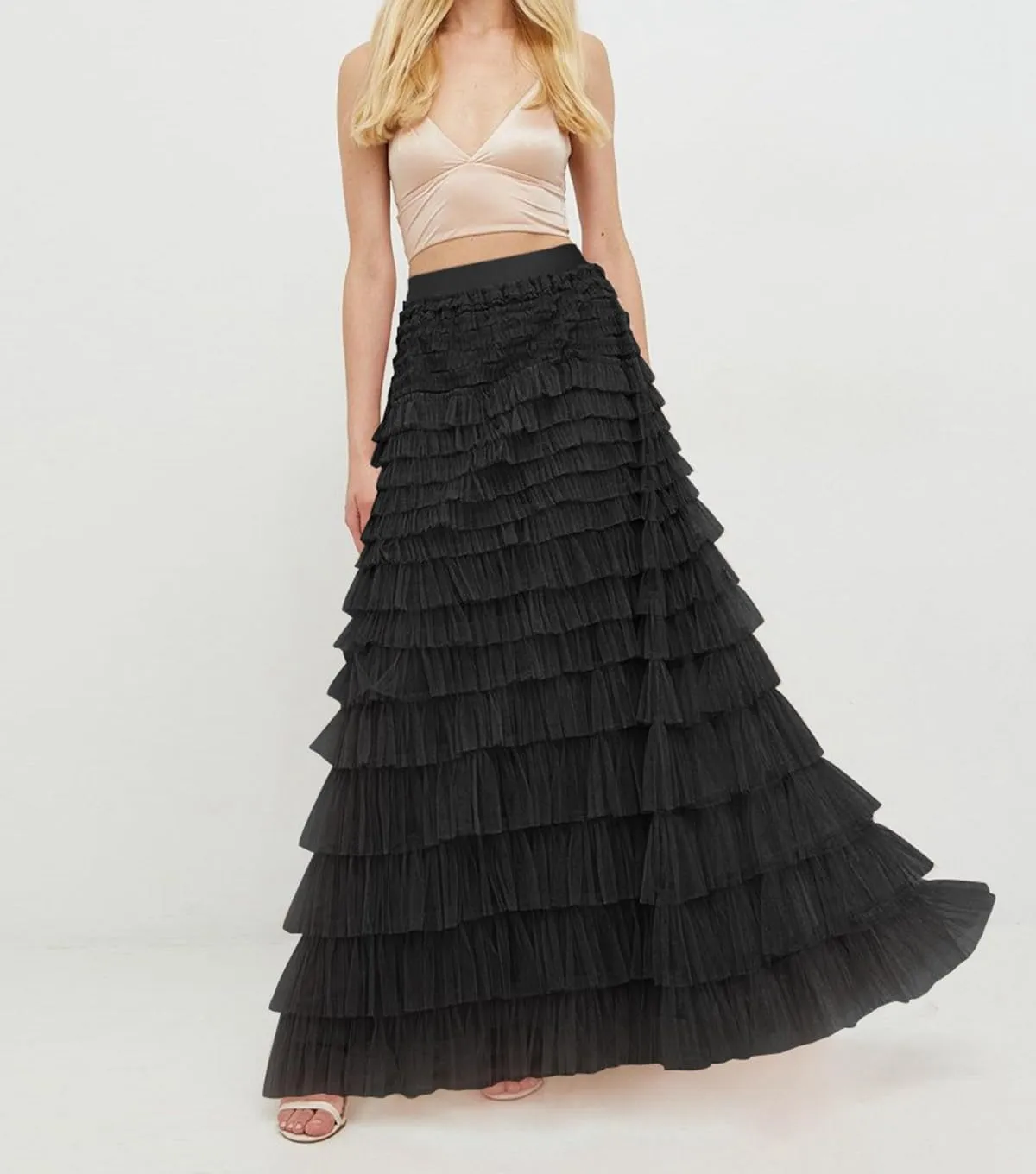 Women's Layered Tule Skirt Tiered Tulle Dress A-Line Ruffle Mesh High Waist Tiered Skirt Princess Party Maxi Skirt