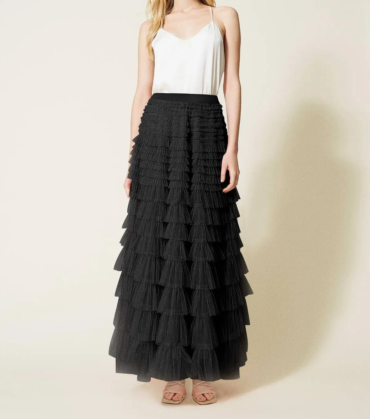 Women's Layered Tule Skirt Tiered Tulle Dress A-Line Ruffle Mesh High Waist Tiered Skirt Princess Party Maxi Skirt