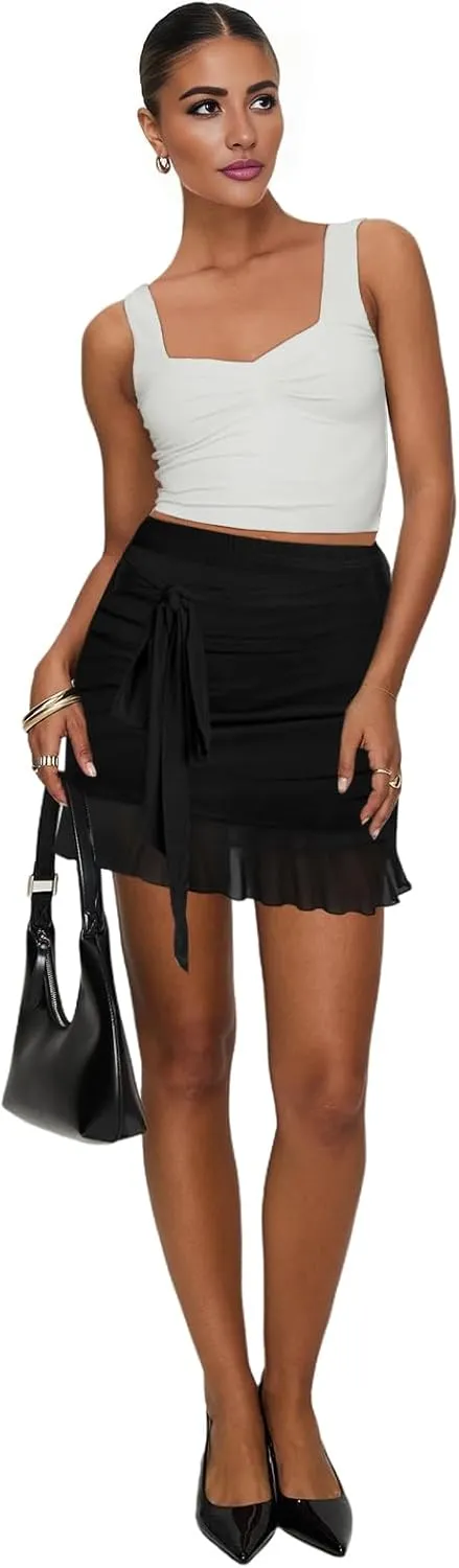 Women's Mesh Mini Skirt Tie High Waist Summer Floral Print Ruched Ruffle Short Skirts