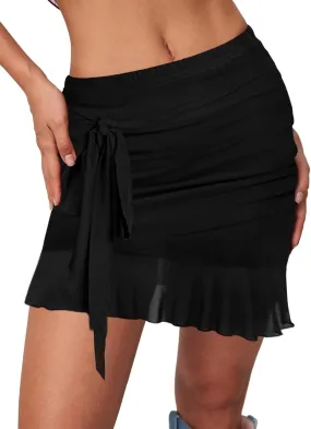 Women's Mesh Mini Skirt Tie High Waist Summer Floral Print Ruched Ruffle Short Skirts