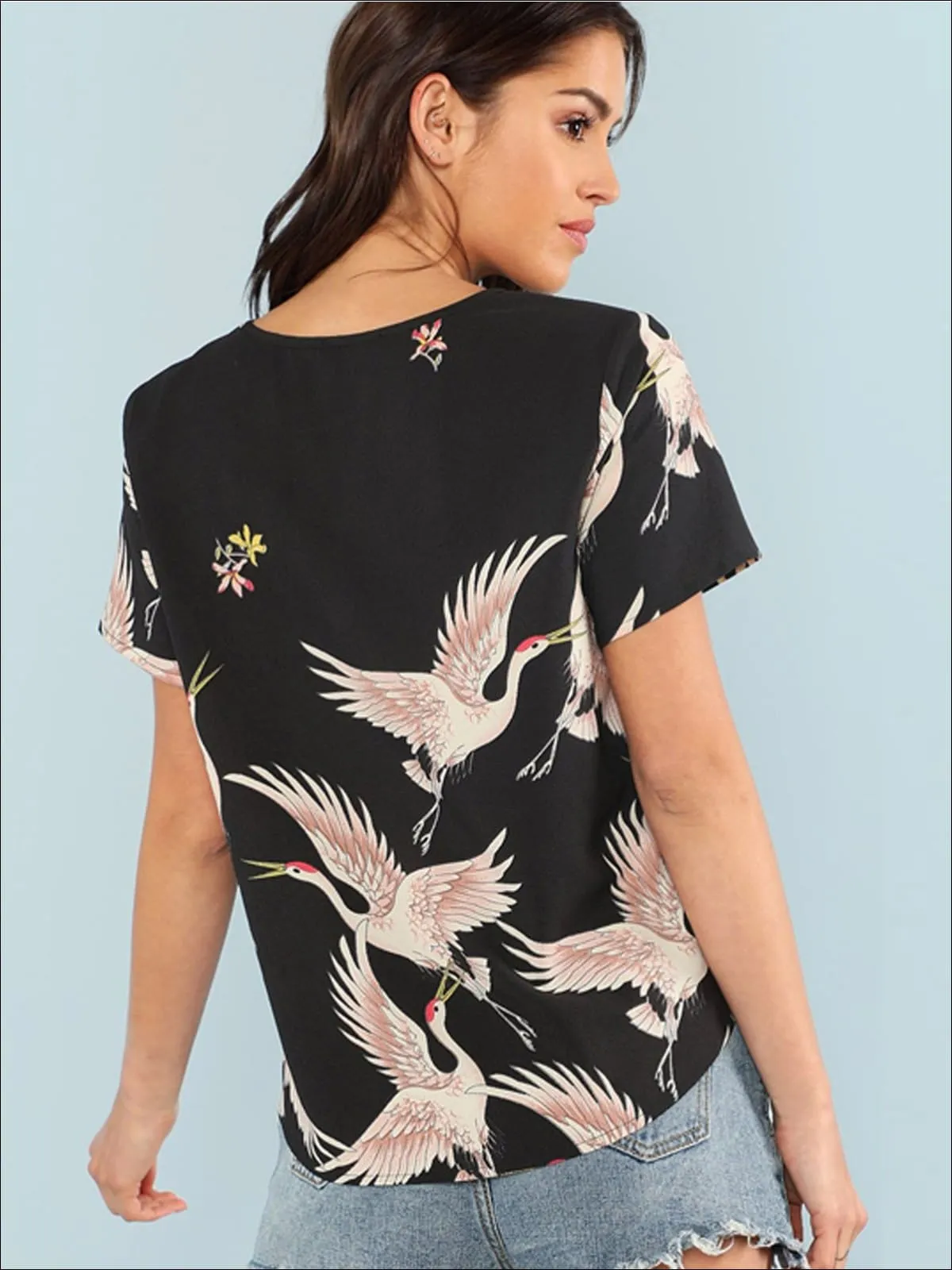 Women's Pink Crane Print Casual Blouse