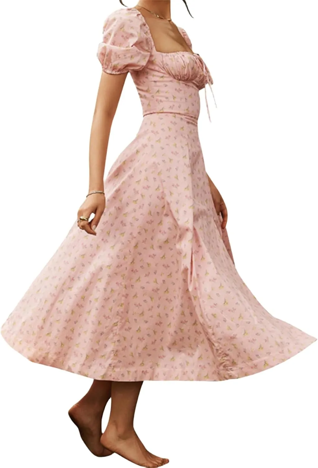 Women's Puff Short Sleeve Floral Dress Casual Flowy Beach Maxi Dresses Smocked Backless Beach Flowy Tiered Sundress