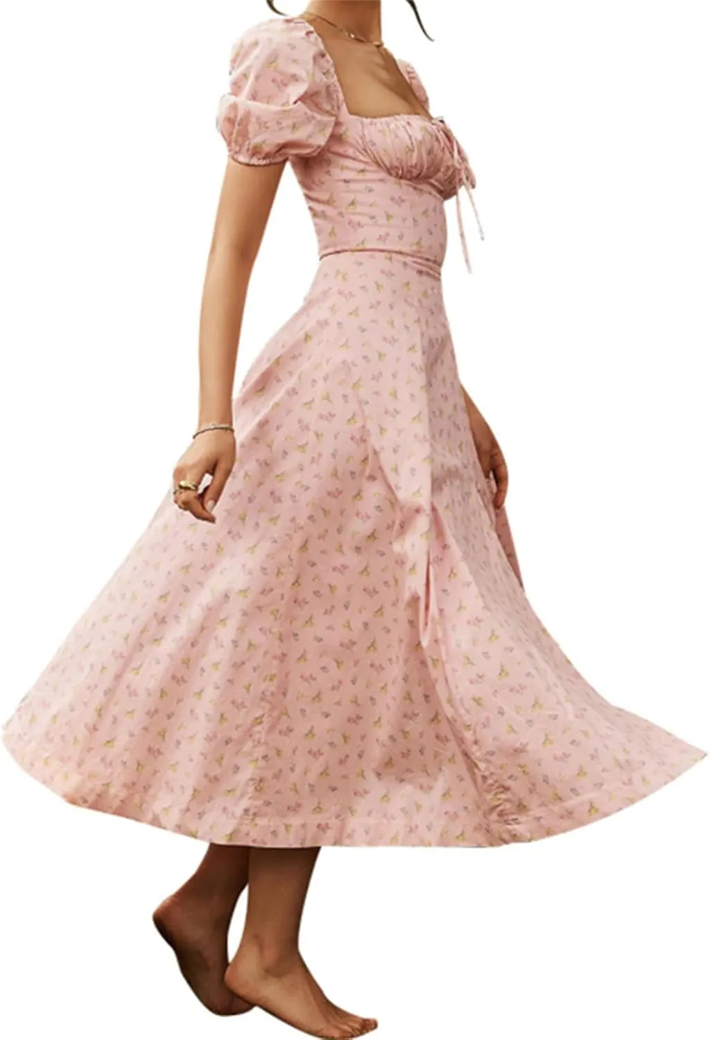 Women's Puff Short Sleeve Floral Dress Casual Flowy Beach Maxi Dresses Smocked Backless Beach Flowy Tiered Sundress
