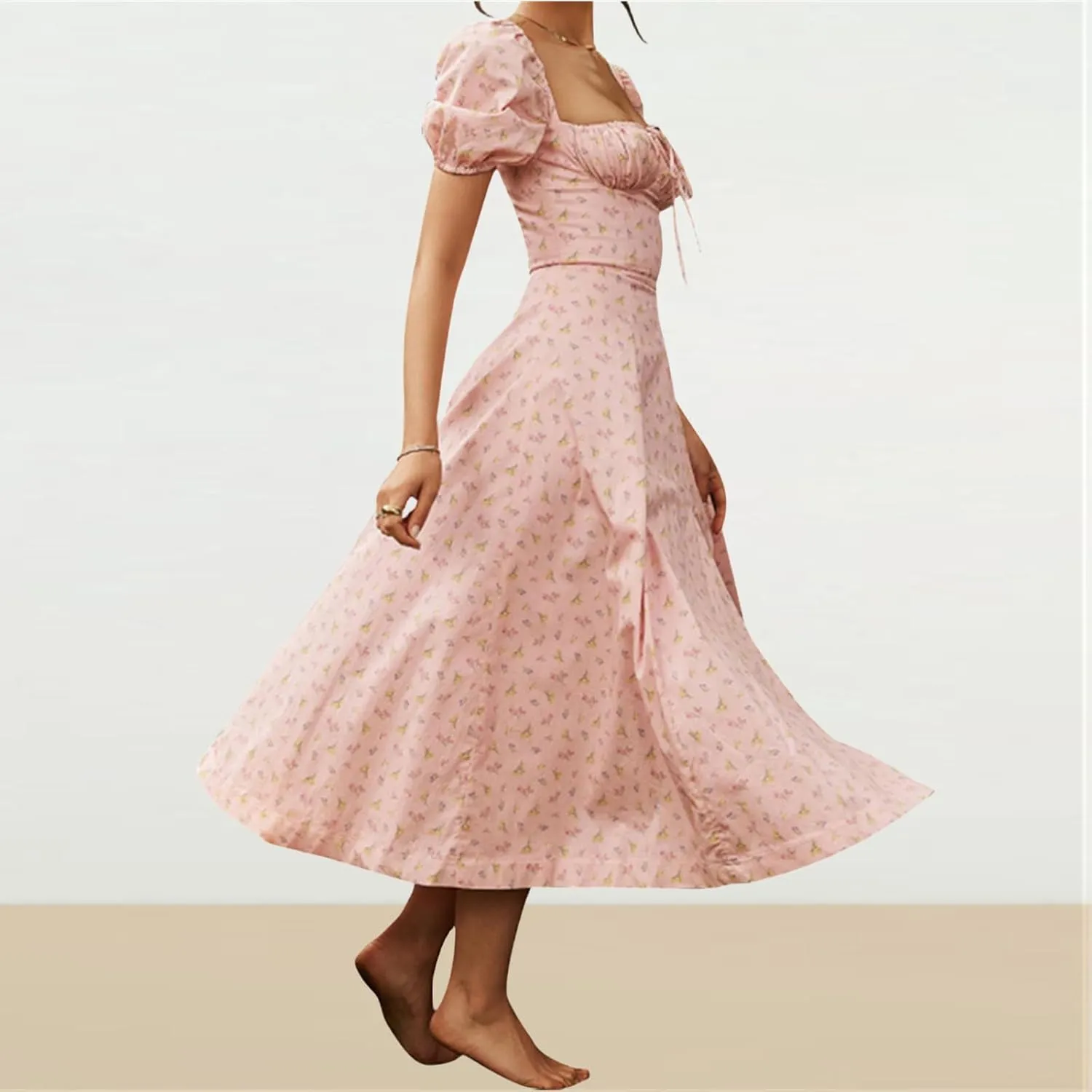Women's Puff Short Sleeve Floral Dress Casual Flowy Beach Maxi Dresses Smocked Backless Beach Flowy Tiered Sundress