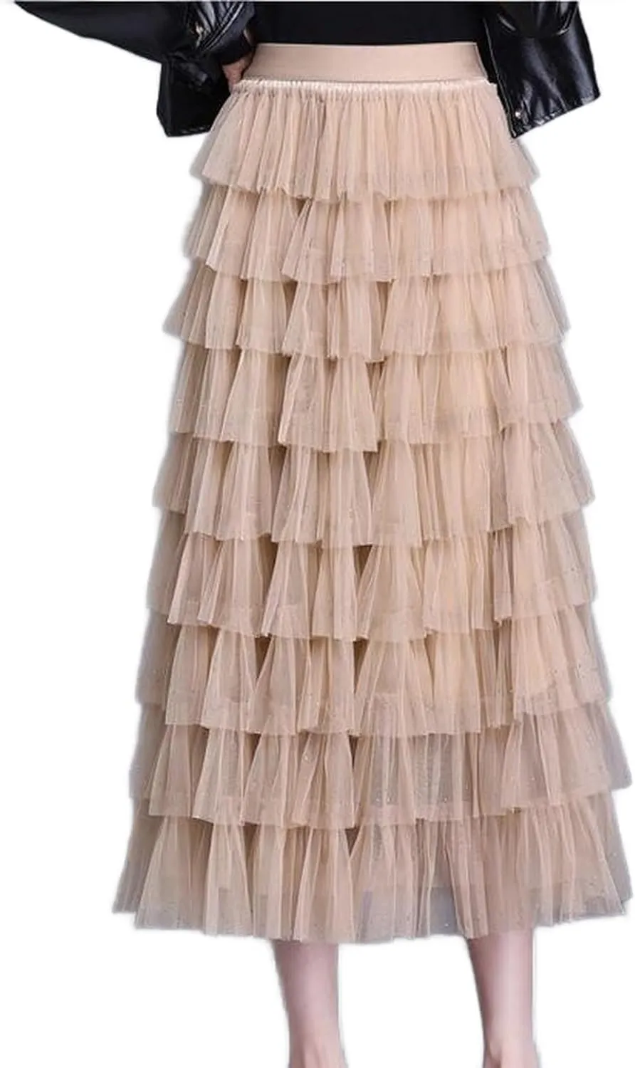 Womens Ruffle Tiered Long Tulle Skirt Multilayer Ruffles Tulle Skirt Fairy Mesh Maxi Skirt