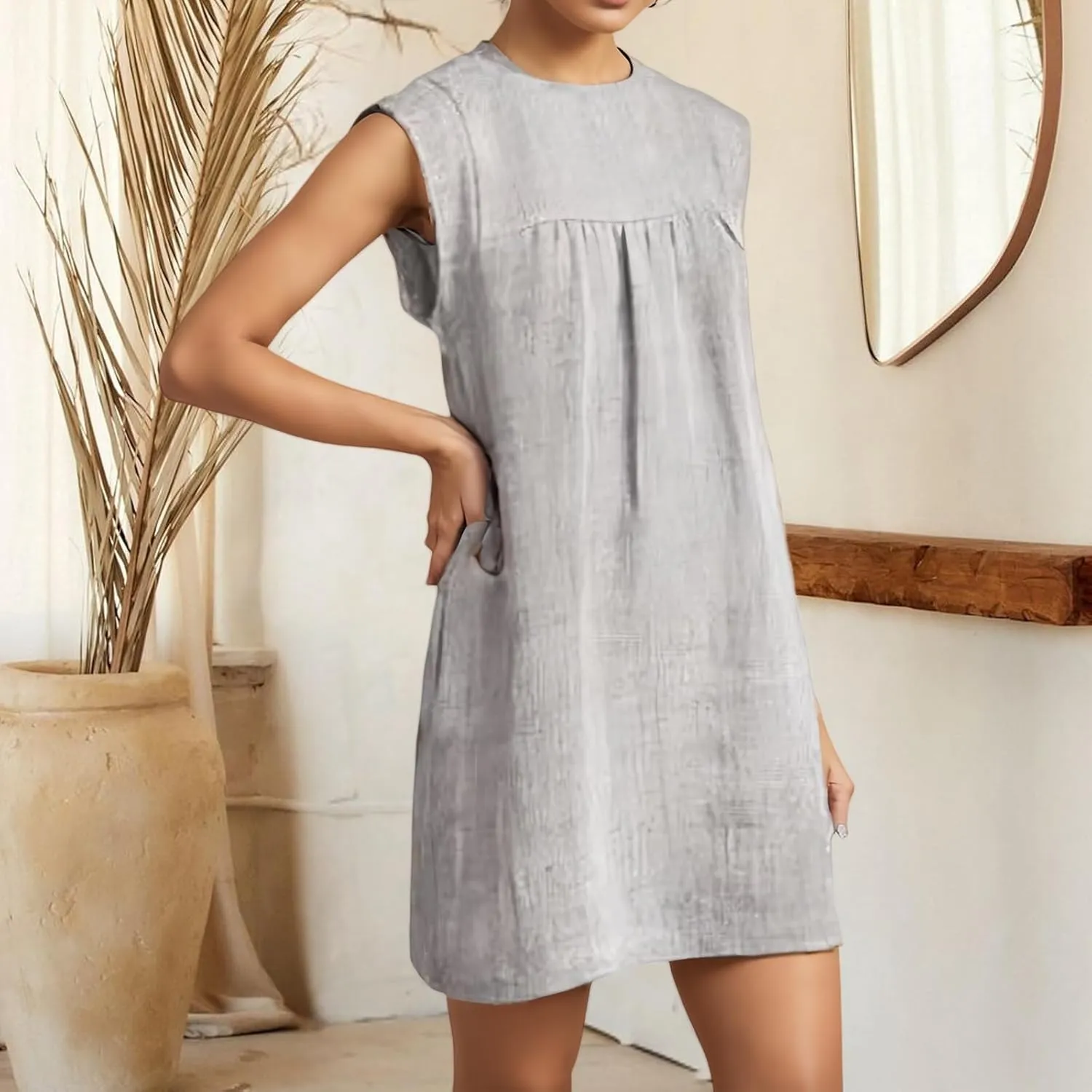 Womens Sleeveless Casual Dresses Cotton Linen Crew Neck Ruched A Line Midi Dress Summer Fashion Loose Travel Dress