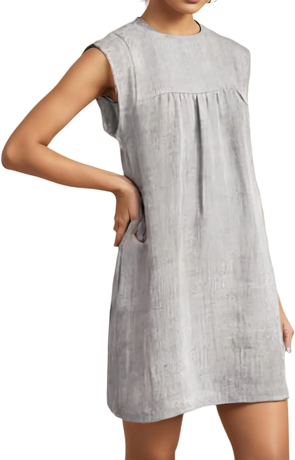 Womens Sleeveless Casual Dresses Cotton Linen Crew Neck Ruched A Line Midi Dress Summer Fashion Loose Travel Dress