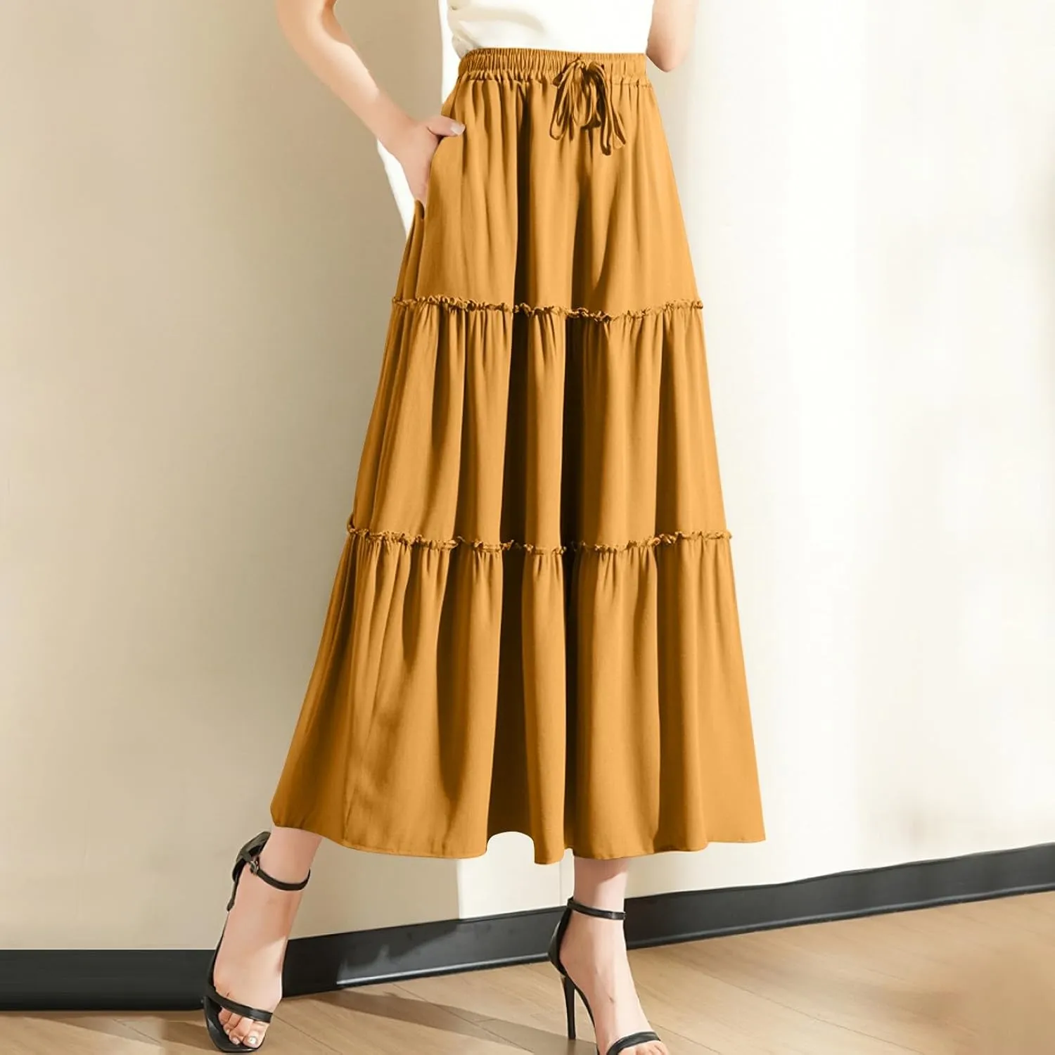 Womens Summer Boho Flowy Swing Tiered Maxi Skirt with Pocket 2025 Fashion Elastic Waist Pleated Long Beach Outfits