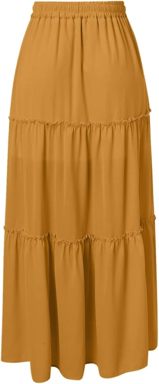 Womens Summer Boho Flowy Swing Tiered Maxi Skirt with Pocket 2025 Fashion Elastic Waist Pleated Long Beach Outfits