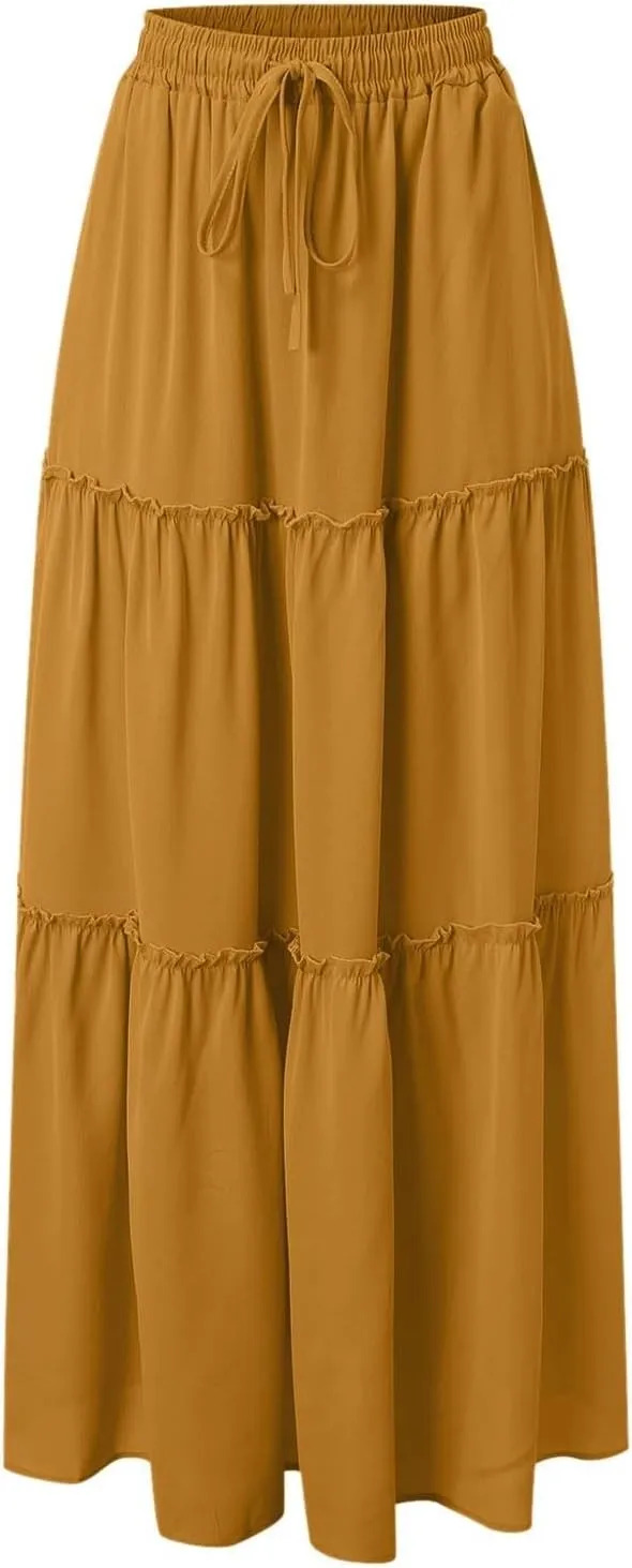 Womens Summer Boho Flowy Swing Tiered Maxi Skirt with Pocket 2025 Fashion Elastic Waist Pleated Long Beach Outfits