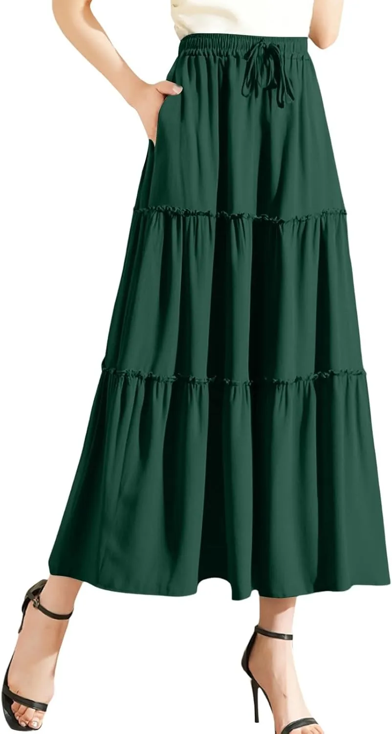Womens Summer Boho Flowy Swing Tiered Maxi Skirt with Pocket 2025 Fashion Elastic Waist Pleated Long Beach Outfits