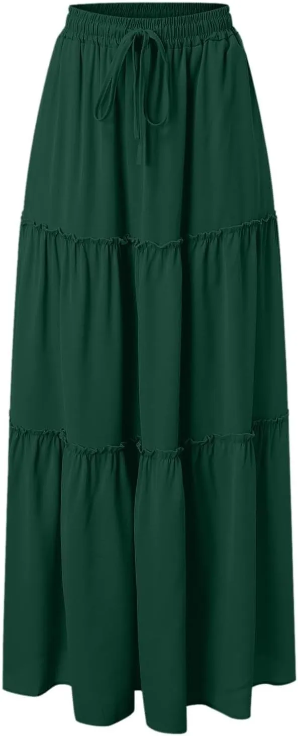 Womens Summer Boho Flowy Swing Tiered Maxi Skirt with Pocket 2025 Fashion Elastic Waist Pleated Long Beach Outfits