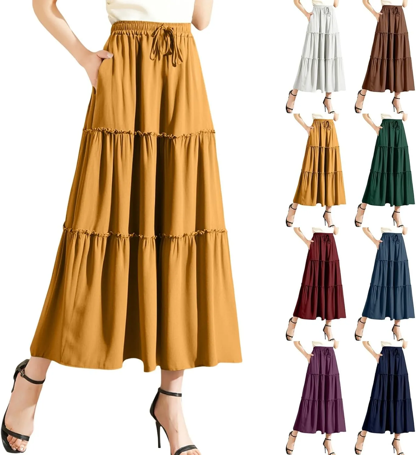 Womens Summer Boho Flowy Swing Tiered Maxi Skirt with Pocket 2025 Fashion Elastic Waist Pleated Long Beach Outfits