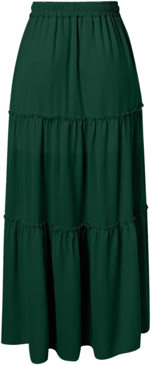 Womens Summer Boho Flowy Swing Tiered Maxi Skirt with Pocket 2025 Fashion Elastic Waist Pleated Long Beach Outfits