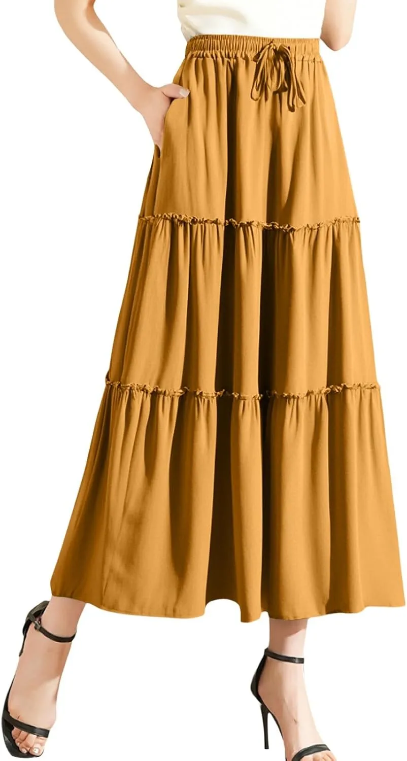 Womens Summer Boho Flowy Swing Tiered Maxi Skirt with Pocket 2025 Fashion Elastic Waist Pleated Long Beach Outfits