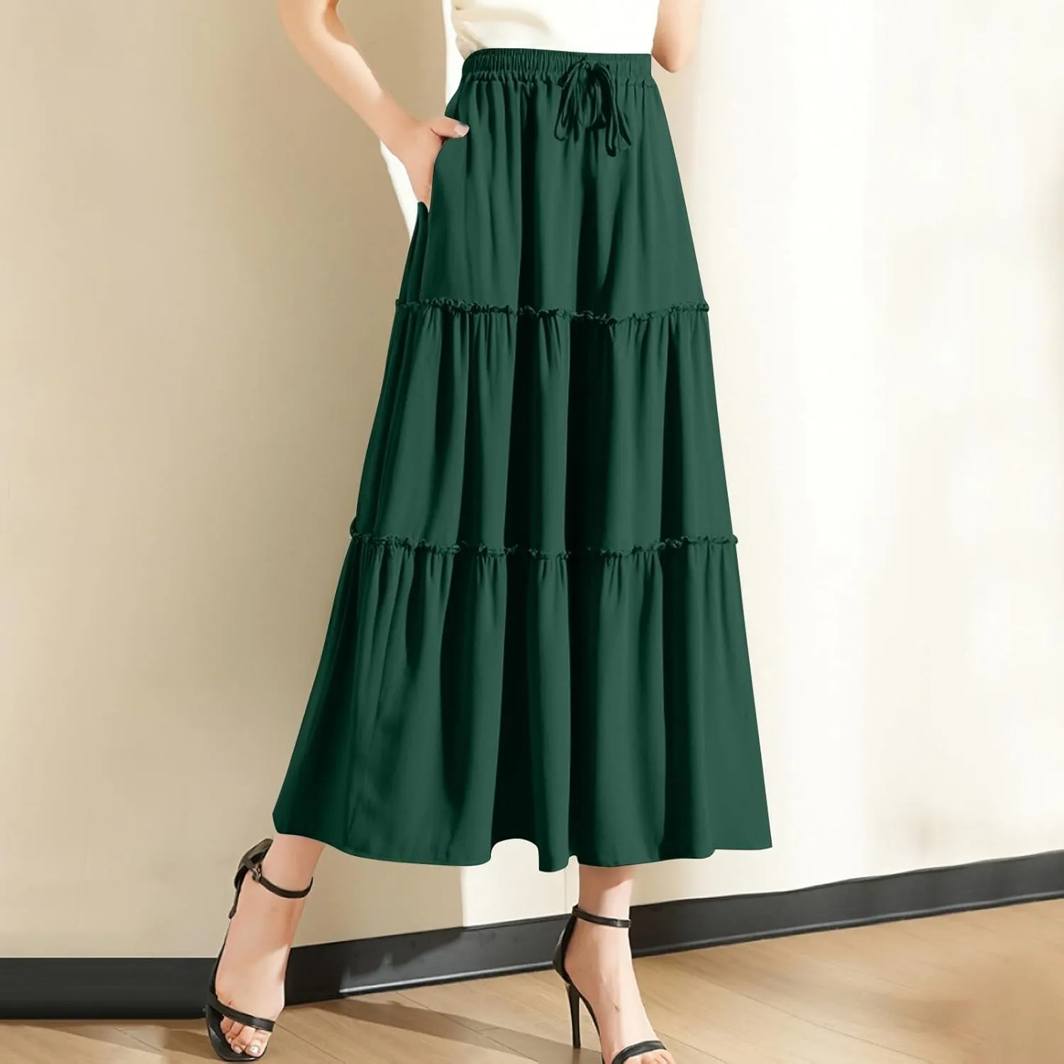 Womens Summer Boho Flowy Swing Tiered Maxi Skirt with Pocket 2025 Fashion Elastic Waist Pleated Long Beach Outfits
