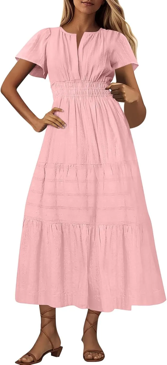 Women's Summer Casual Maxi Dress High Elastic Waist Puff Short Sleeve Ruffle Tiered Long Dress Flowy Beach Sundress