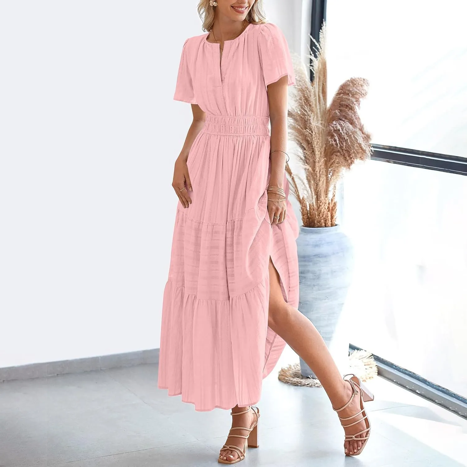 Women's Summer Casual Maxi Dress High Elastic Waist Puff Short Sleeve Ruffle Tiered Long Dress Flowy Beach Sundress