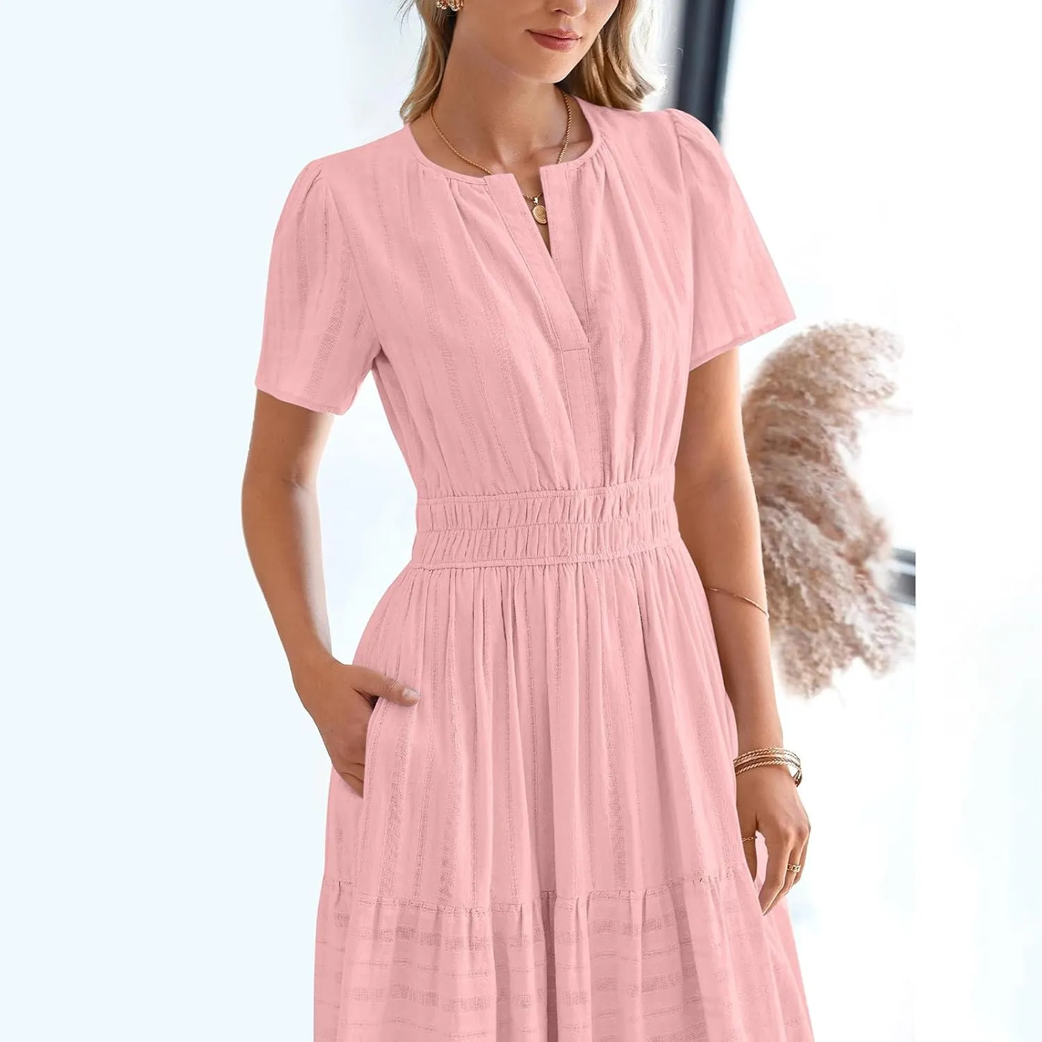 Women's Summer Casual Maxi Dress High Elastic Waist Puff Short Sleeve Ruffle Tiered Long Dress Flowy Beach Sundress