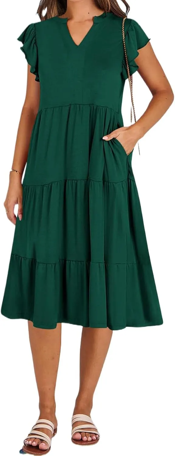 Womens Summer Dress Ruffle Sleeve V Neck Midi Dresses Trendy Casual Fit Flowy Tiered Boho Vacation Beach Sundress