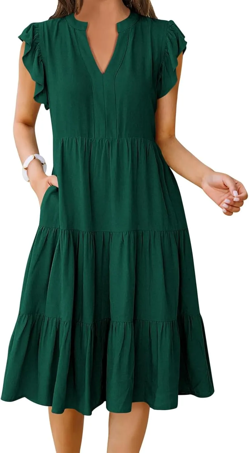 Womens Summer Dress Ruffle Sleeve V Neck Midi Dresses Trendy Casual Fit Flowy Tiered Boho Vacation Beach Sundress