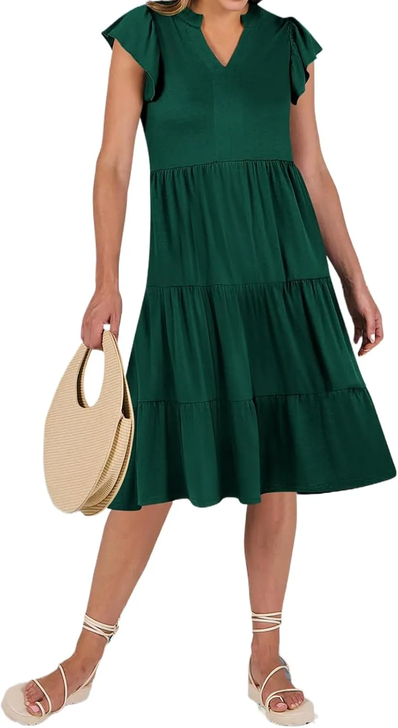Womens Summer Dress Ruffle Sleeve V Neck Midi Dresses Trendy Casual Fit Flowy Tiered Boho Vacation Beach Sundress