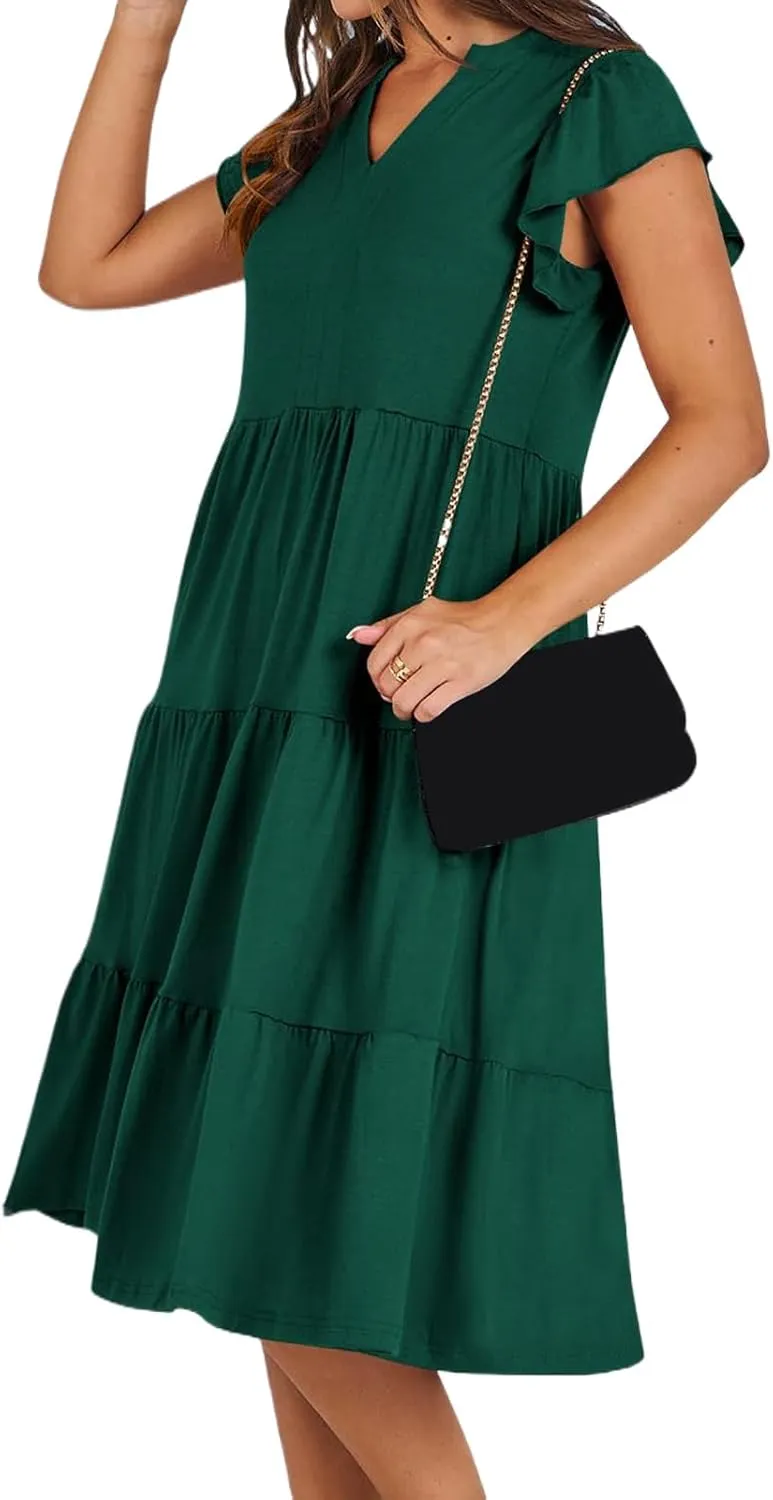 Womens Summer Dress Ruffle Sleeve V Neck Midi Dresses Trendy Casual Fit Flowy Tiered Boho Vacation Beach Sundress