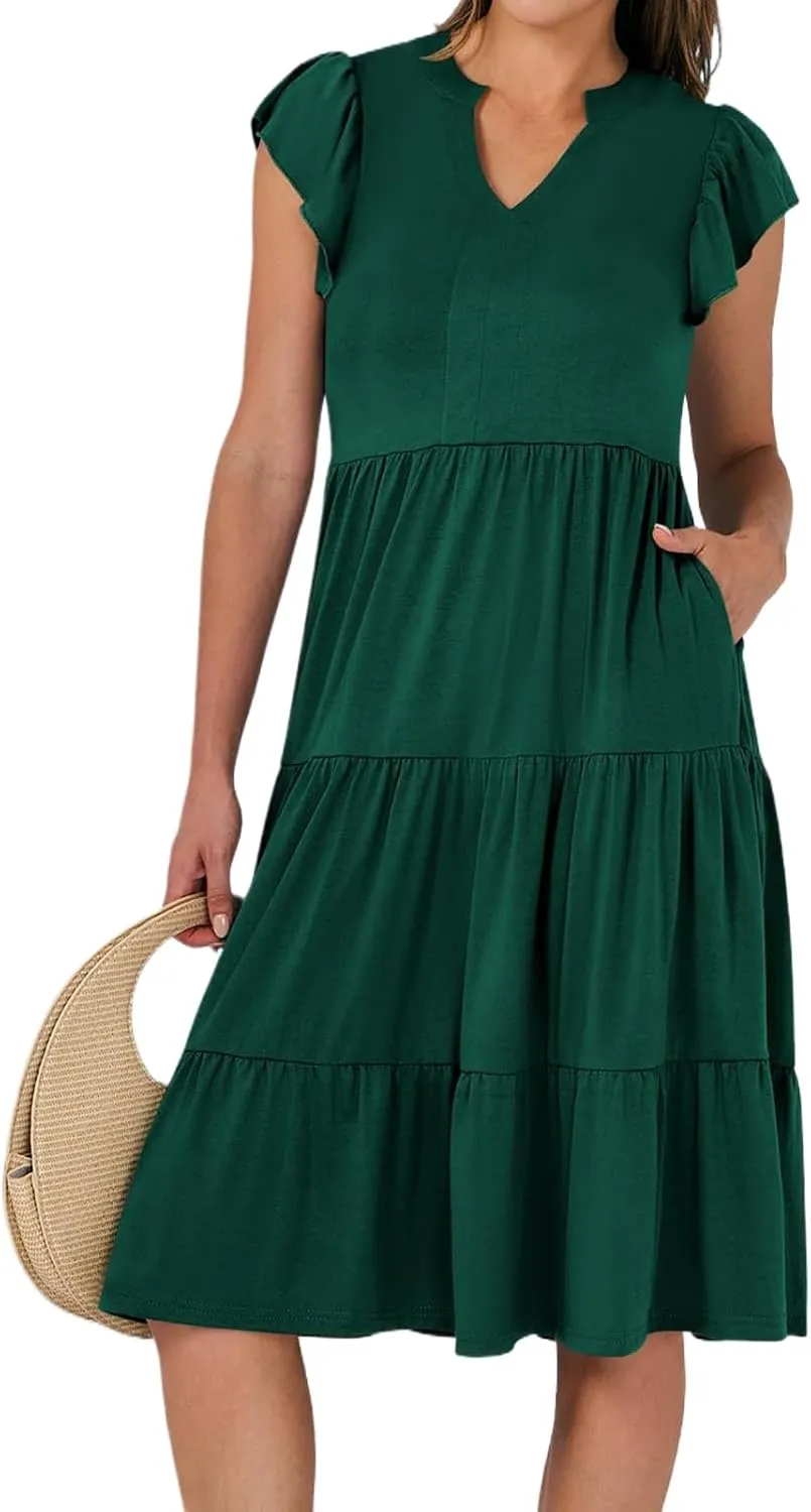 Womens Summer Dress Ruffle Sleeve V Neck Midi Dresses Trendy Casual Fit Flowy Tiered Boho Vacation Beach Sundress