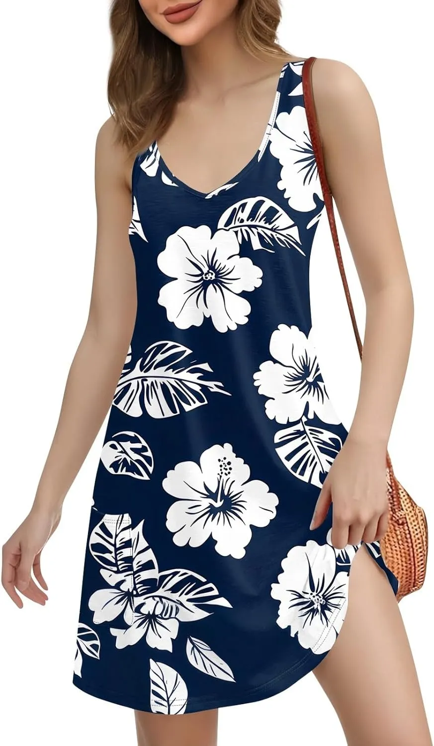 Womens Summer Dresses with Pockets - Floral V-Neck Sleeveless Boho Mini Sundress Swimsuit Beach Cover Ups