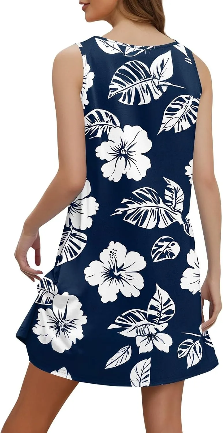 Womens Summer Dresses with Pockets - Floral V-Neck Sleeveless Boho Mini Sundress Swimsuit Beach Cover Ups