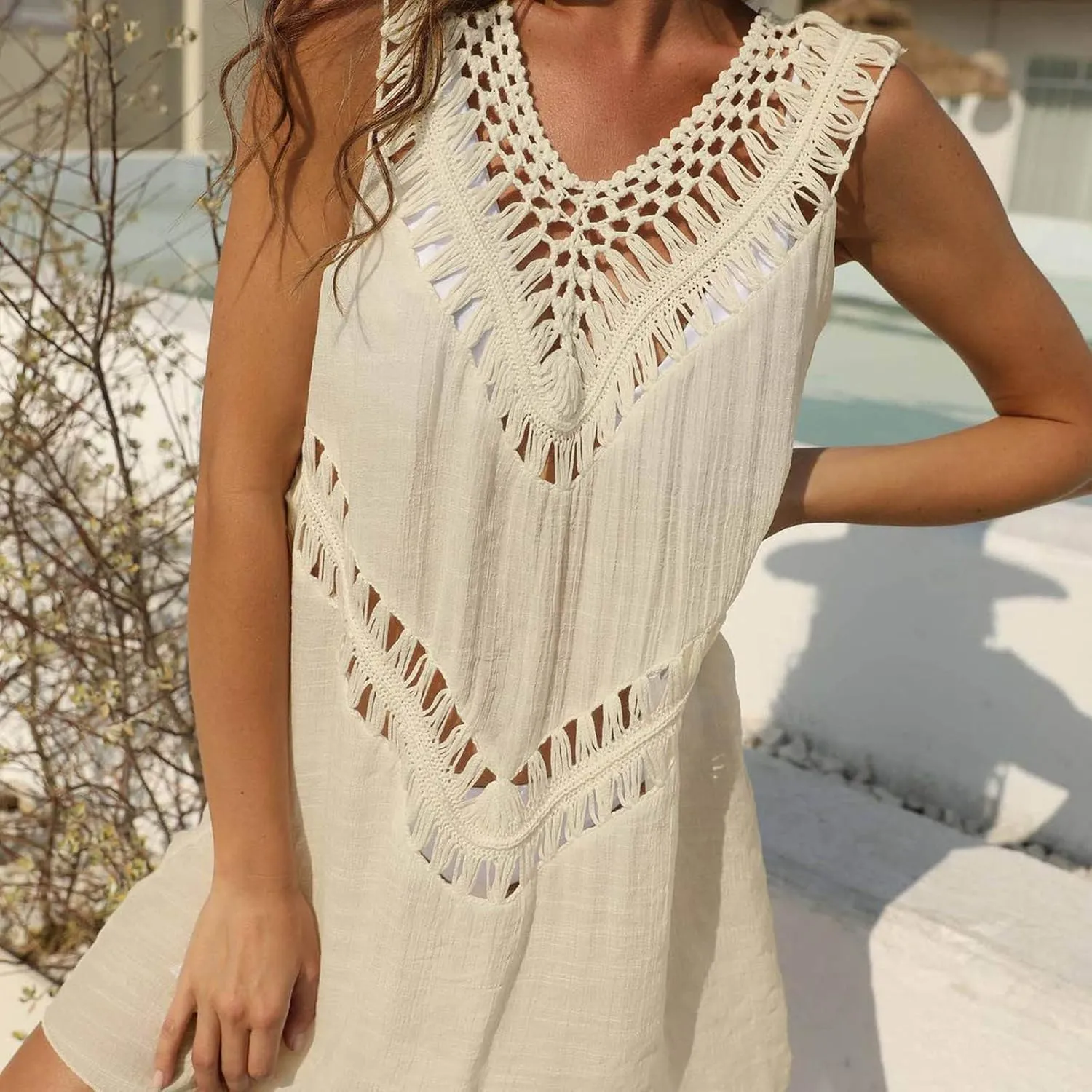 Womens Summer Sundresses Casual Hollow Out Dresses V Neck Sleeveless Beach Solid Sun Dress Ladies Vacation Clothes