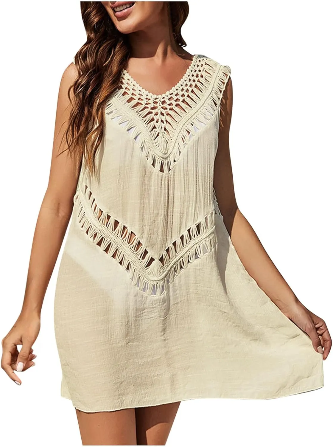 Womens Summer Sundresses Casual Hollow Out Dresses V Neck Sleeveless Beach Solid Sun Dress Ladies Vacation Clothes