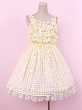 Yellow Cottagecore Gingham Sundress Daisy Lace Trim Plaid Lolita Jumper Skirt