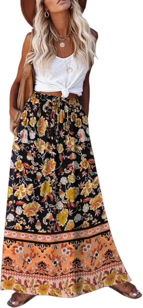Zeagoo Women's 2025 Boho Floral Skirt Casual Elastic High Waist Maxi Skirts Flowy A Line Beach Long Skirt with Side Pockets
