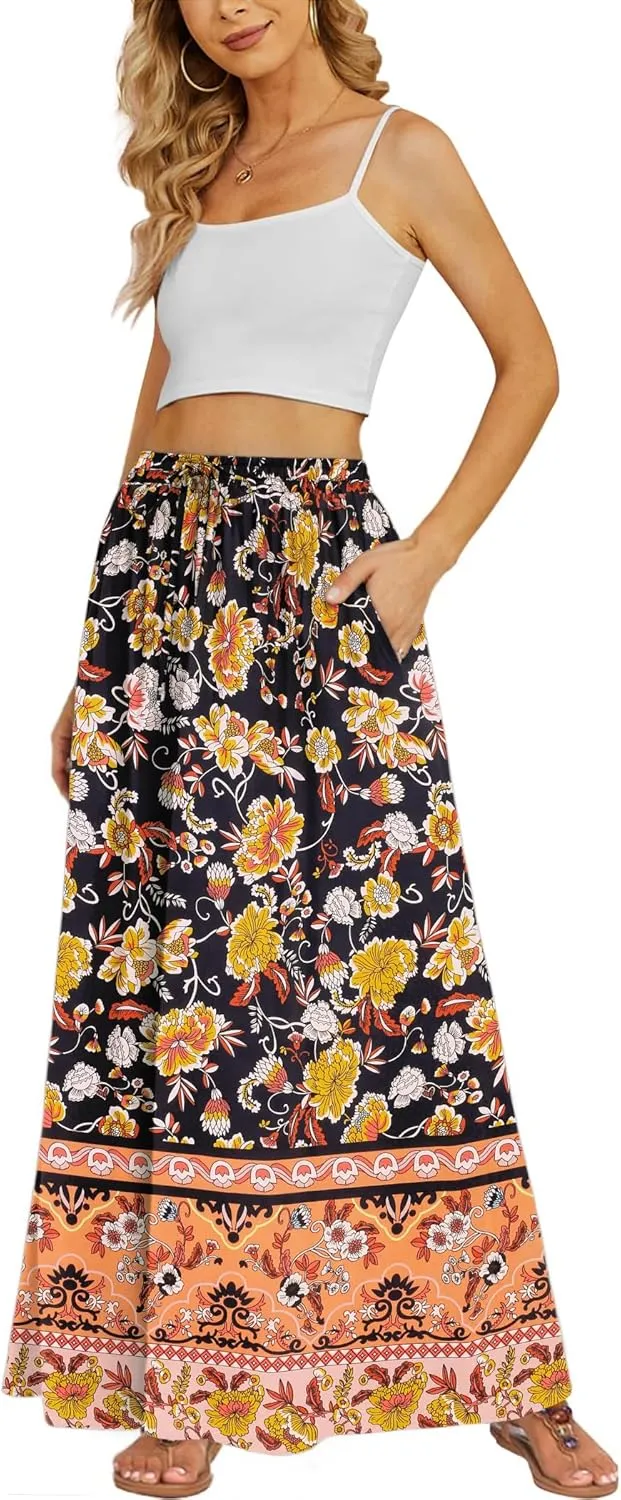 Zeagoo Women's 2025 Boho Floral Skirt Casual Elastic High Waist Maxi Skirts Flowy A Line Beach Long Skirt with Side Pockets