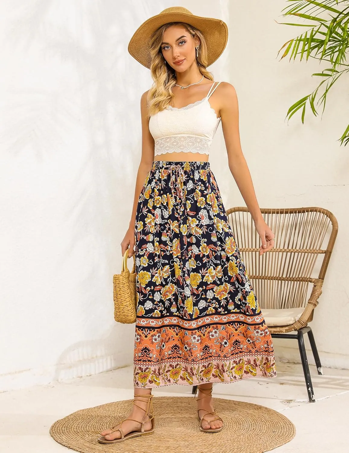 Zeagoo Women's 2025 Boho Floral Skirt Casual Elastic High Waist Maxi Skirts Flowy A Line Beach Long Skirt with Side Pockets