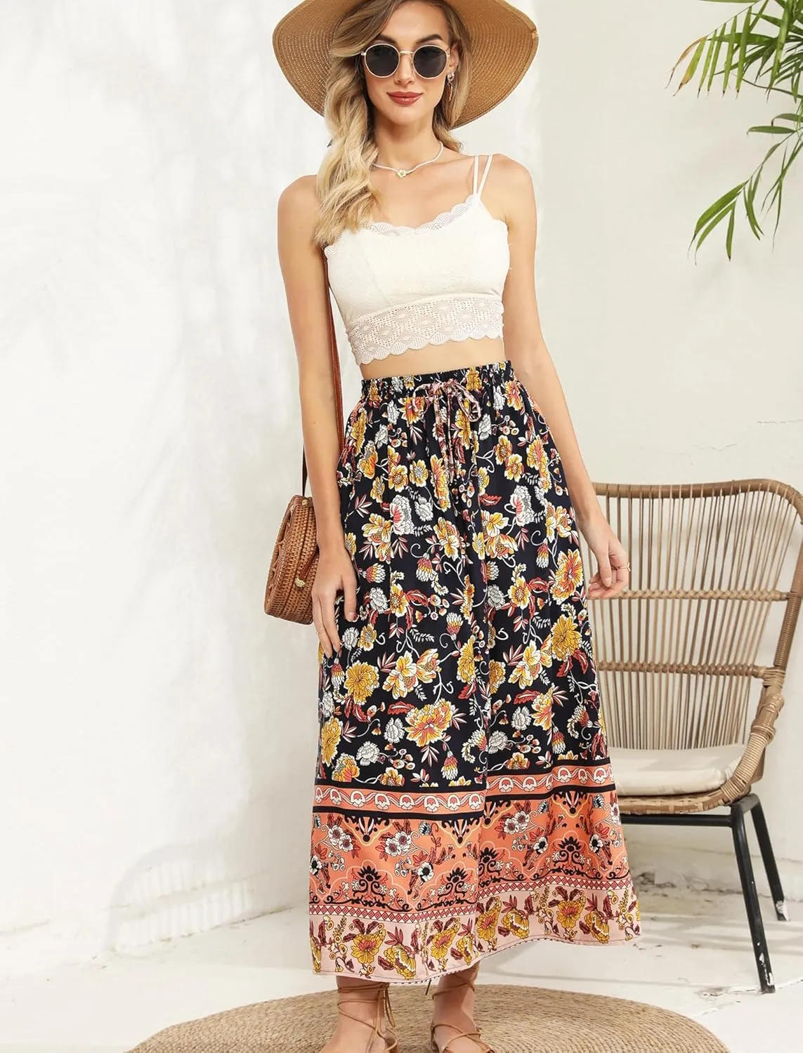 Zeagoo Women's 2025 Boho Floral Skirt Casual Elastic High Waist Maxi Skirts Flowy A Line Beach Long Skirt with Side Pockets