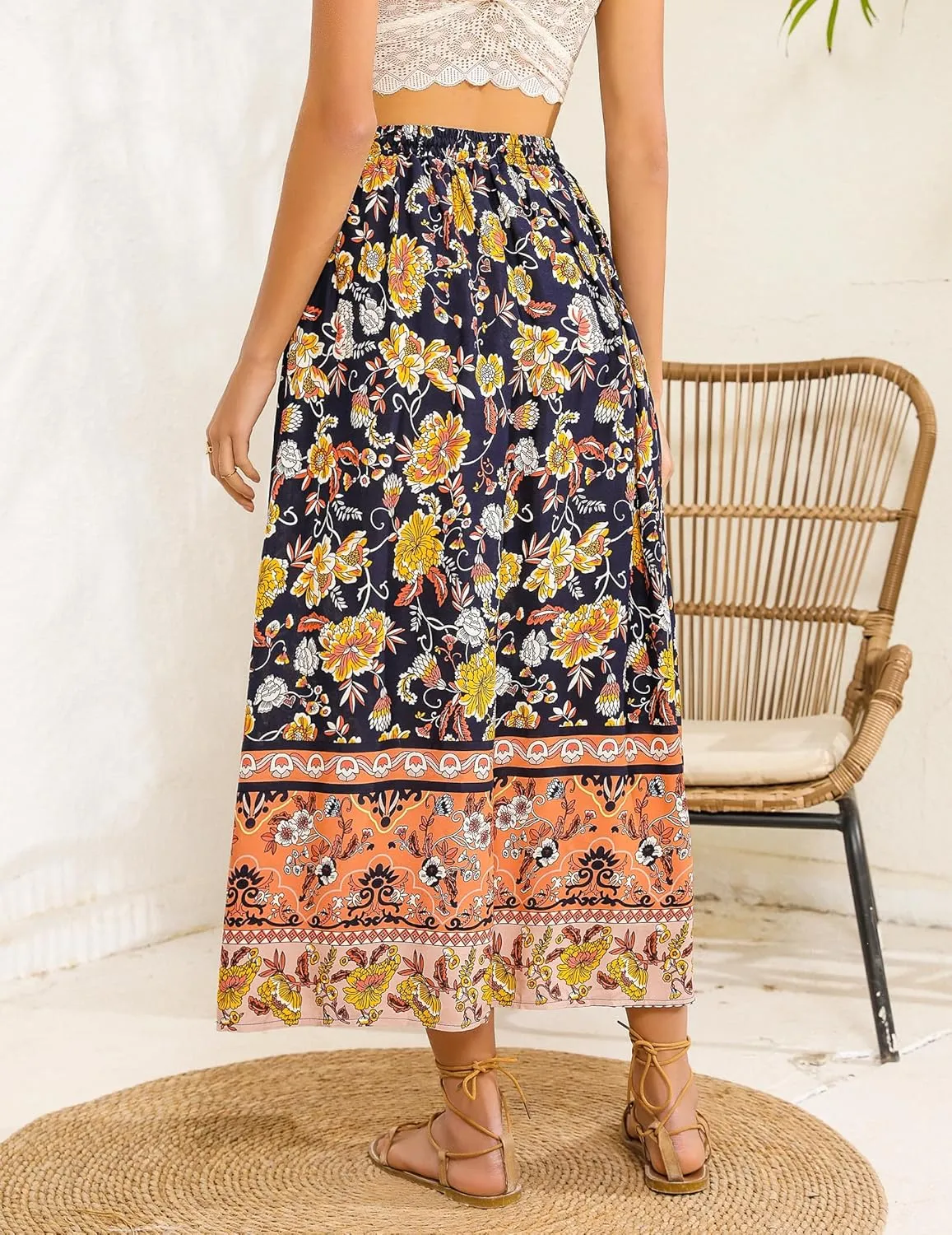 Zeagoo Women's 2025 Boho Floral Skirt Casual Elastic High Waist Maxi Skirts Flowy A Line Beach Long Skirt with Side Pockets