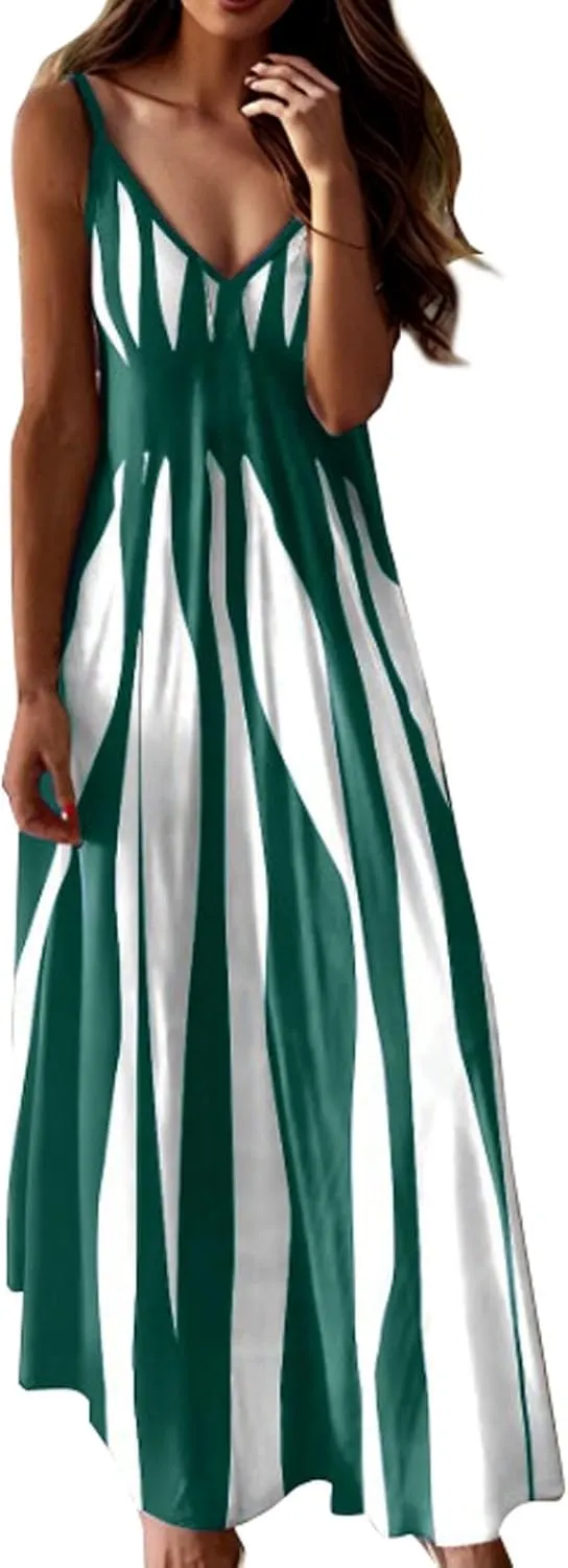 ZYXTIM Summer Dress for Women 2024 Boho Sleeveless Spaghetti Strap Maxi Dress Fashion Colorblock Beach Vacation Sundresses
