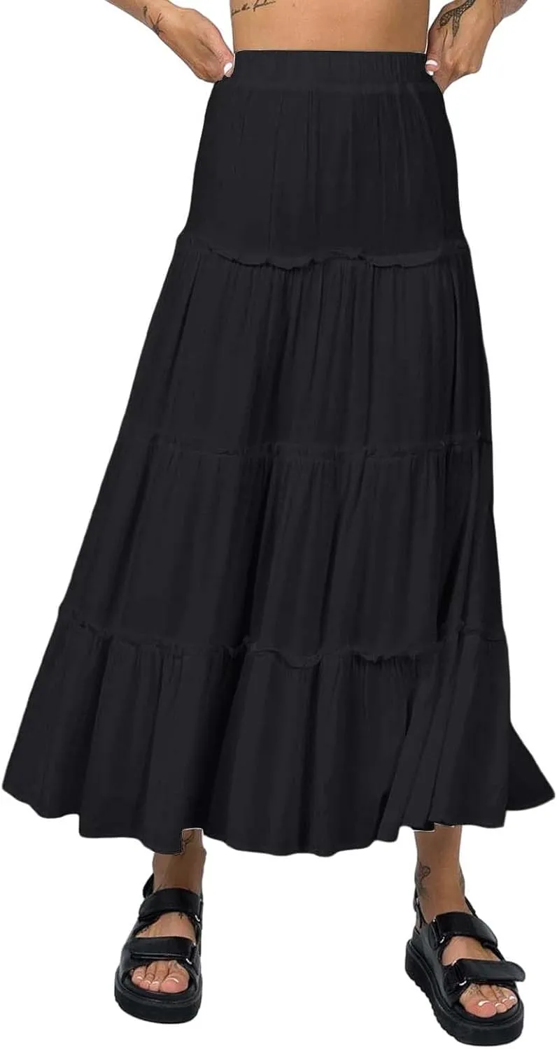 ZYXTIM Womens Summer Boho Beach Long Dress Elastic Waist Pleated A-Line Flowy Swing Tiered Maxi Skirt Solid Princess Dress